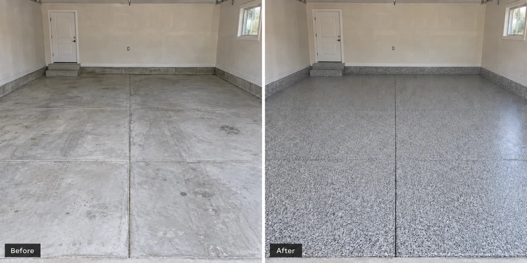 Illustration of a garage floor before and after a flake polyurea coating: bare stained concrete on the left, a finished gray flake floor with a coved base on the right